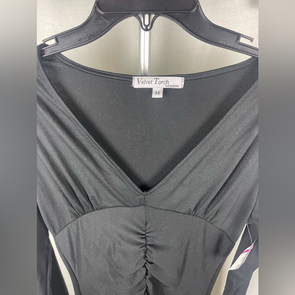 VELVET TORCH V-NECK LONG SLEEVE BLACK MIDI RIBBED DRESS SIZE MEDIUM NWT - Picture 6 of 11